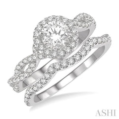 1 Ctw Diamond Wedding Set With 3/4 Ct Round Center Diamond Entwined Engagement Ring and 1/5 Ct Wave Diamond Wedding Band in 14K White Gold