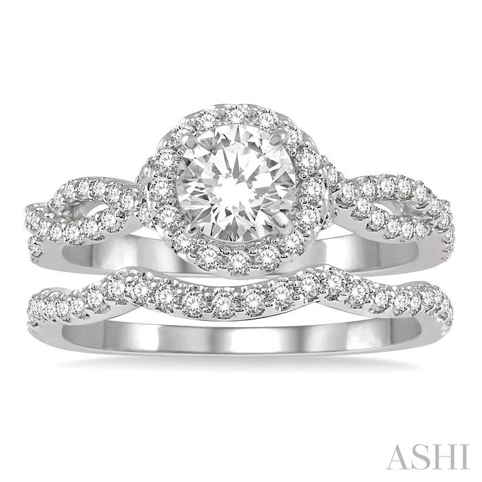 1 Ctw Diamond Wedding Set With 3/4 Ct Round Center Diamond Entwined Engagement Ring and 1/5 Ct Wave Diamond Wedding Band in 14K White Gold