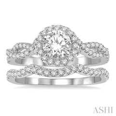1 Ctw Diamond Wedding Set With 3/4 Ct Round Center Diamond Entwined Engagement Ring and 1/5 Ct Wave Diamond Wedding Band in 14K White Gold