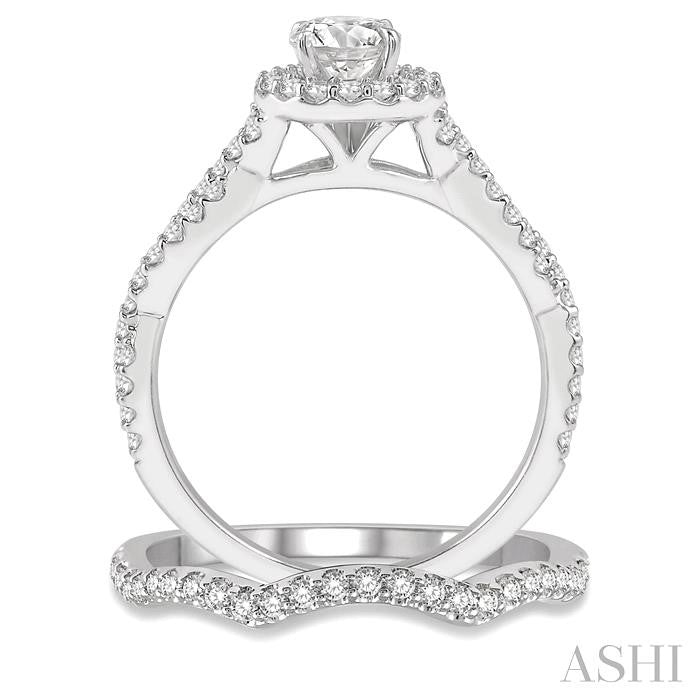 1 Ctw Diamond Wedding Set With 3/4 Ct Round Center Diamond Entwined Engagement Ring and 1/5 Ct Wave Diamond Wedding Band in 14K White Gold