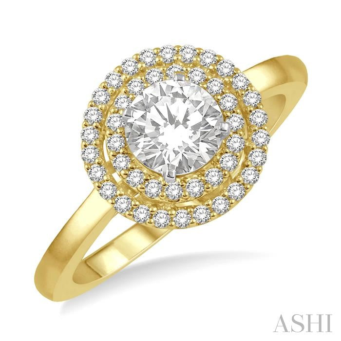 1/2 Ctw Twin Halo Diamond Engagement Ring With 1/4 Ct Round Cut Center Stone in 14K Yellow and White Gold
