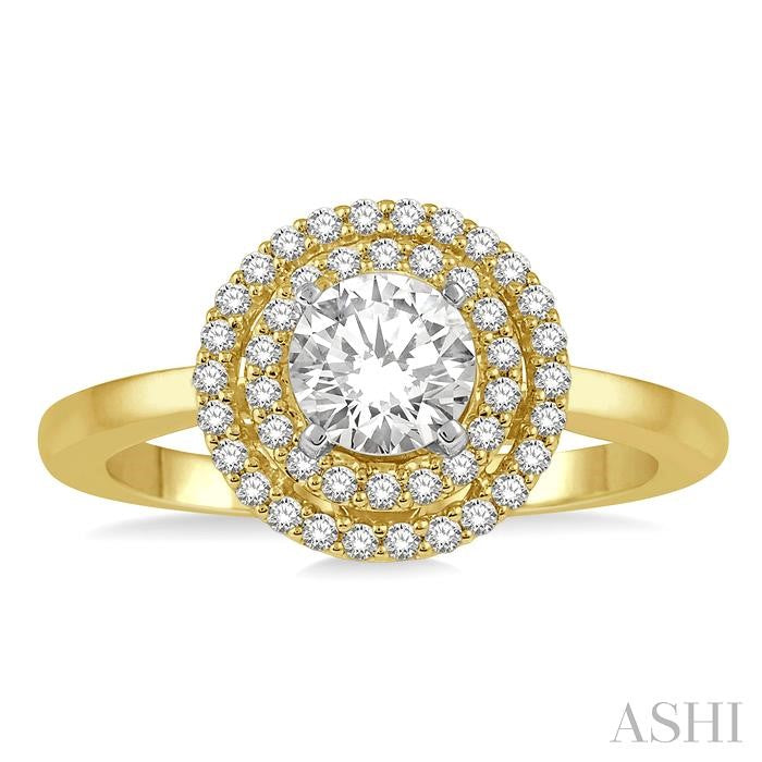 1/2 Ctw Twin Halo Diamond Engagement Ring With 1/4 Ct Round Cut Center Stone in 14K Yellow and White Gold