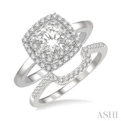 1 Ctw Round Cut Diamond Wedding Set With 3/4 Ct Cushion Shape Engagement Ring and 1/5 Ct Cradle Center Wedding Band in 14K White Gold