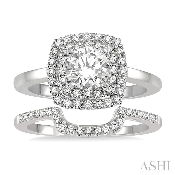 1 Ctw Round Cut Diamond Wedding Set With 3/4 Ct Cushion Shape Engagement Ring and 1/5 Ct Cradle Center Wedding Band in 14K White Gold