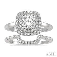 1 Ctw Round Cut Diamond Wedding Set With 3/4 Ct Cushion Shape Engagement Ring and 1/5 Ct Cradle Center Wedding Band in 14K White Gold