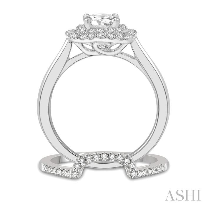 1 Ctw Round Cut Diamond Wedding Set With 3/4 Ct Cushion Shape Engagement Ring and 1/5 Ct Cradle Center Wedding Band in 14K White Gold