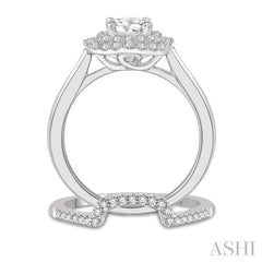 1 Ctw Round Cut Diamond Wedding Set With 3/4 Ct Cushion Shape Engagement Ring and 1/5 Ct Cradle Center Wedding Band in 14K White Gold