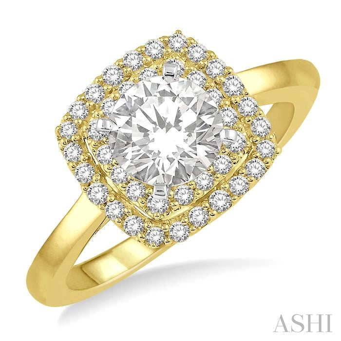3/4 Ctw Cushion Shape 1/2 Ct Round Cut Diamond Center Stone Ladies Engagement Ring in 14K Yellow and White Gold