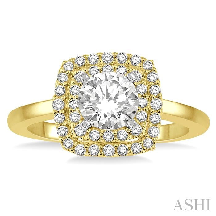 3/4 Ctw Cushion Shape 1/2 Ct Round Cut Diamond Center Stone Ladies Engagement Ring in 14K Yellow and White Gold