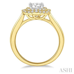 3/4 Ctw Cushion Shape 1/2 Ct Round Cut Diamond Center Stone Ladies Engagement Ring in 14K Yellow and White Gold
