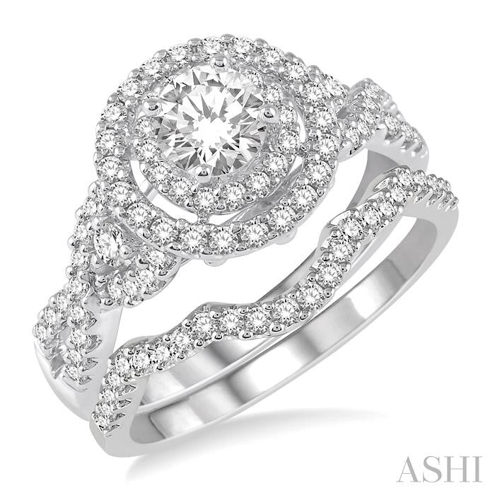 1 1/4 Ctw Diamond Wedding Set with 1 1/10 Ctw Round Cut Engagement Ring and 1/6 Ctw Wedding Band in 14K White Gold