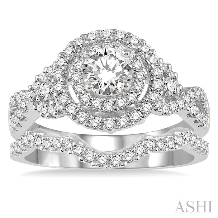 1 1/4 Ctw Diamond Wedding Set with 1 1/10 Ctw Round Cut Engagement Ring and 1/6 Ctw Wedding Band in 14K White Gold