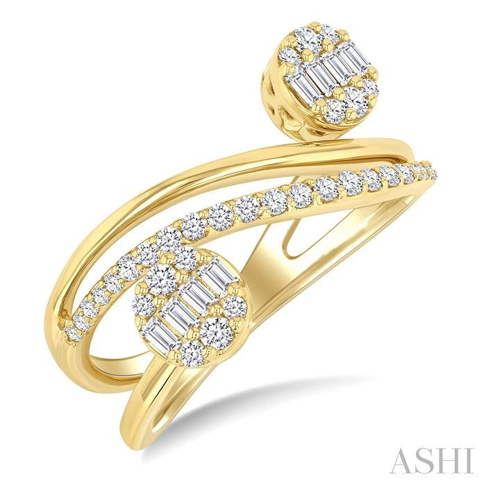 1/2 Ctw Bypass Fusion Baguette and Round Cut Diamond Fashion Open Wrap Ring in 14K Yellow Gold