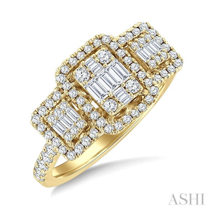 3/4 Ctw Octagonal Shape Tri-Mount Past, Present & Future Fusion Baguette and Round Cut Diamond Engagement Ring in 14K Yellow Gold