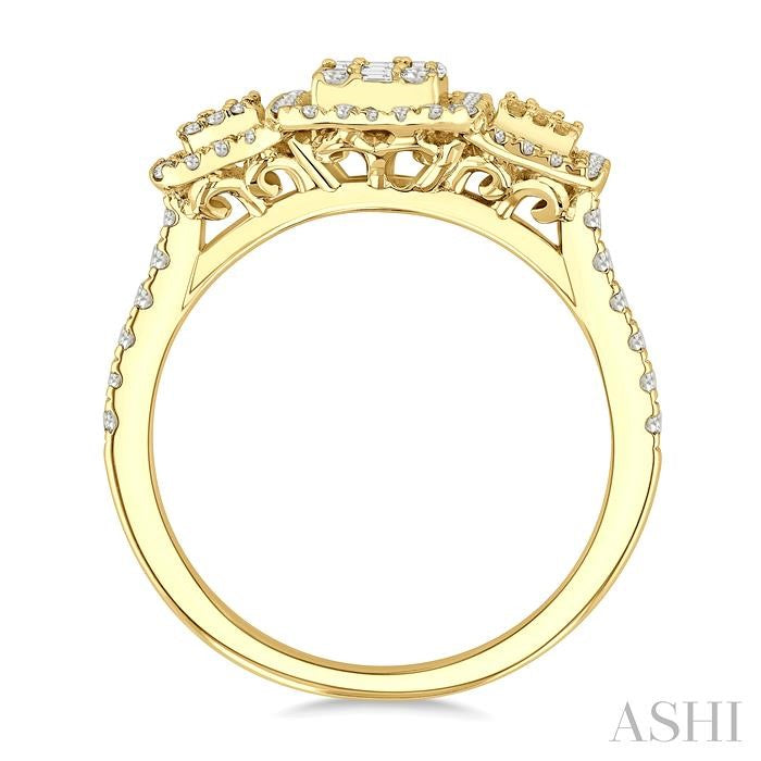 3/4 Ctw Octagonal Shape Tri-Mount Past, Present & Future Fusion Baguette and Round Cut Diamond Engagement Ring in 14K Yellow Gold