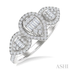 5/8 Ctw Pear Shape Past, Present & Future Fusion Baguette and Round Cut Diamond Halo Engagement Ring in 14K White Gold