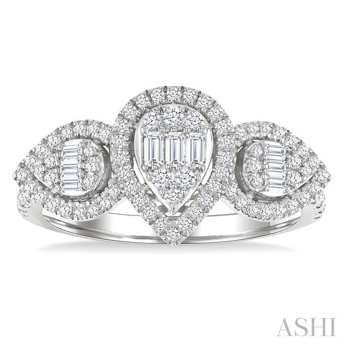 5/8 Ctw Pear Shape Past, Present & Future Fusion Baguette and Round Cut Diamond Halo Engagement Ring in 14K White Gold
