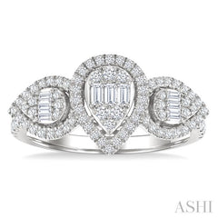 5/8 Ctw Pear Shape Past, Present & Future Fusion Baguette and Round Cut Diamond Halo Engagement Ring in 14K White Gold