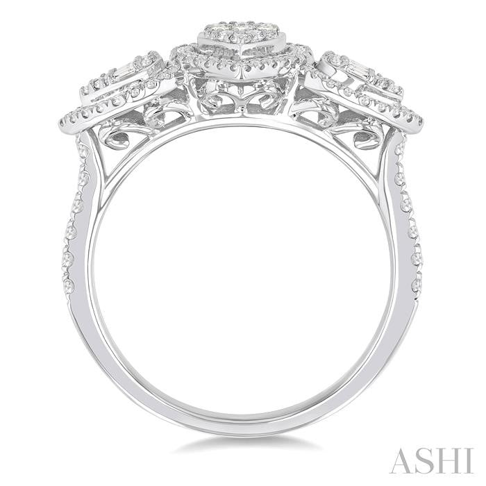 5/8 Ctw Pear Shape Past, Present & Future Fusion Baguette and Round Cut Diamond Halo Engagement Ring in 14K White Gold