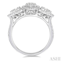 5/8 Ctw Pear Shape Past, Present & Future Fusion Baguette and Round Cut Diamond Halo Engagement Ring in 14K White Gold