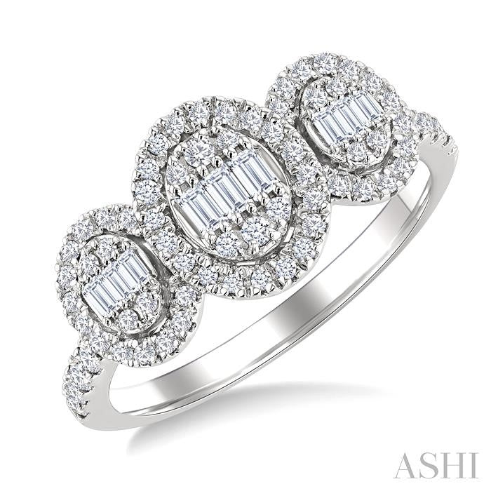 5/8 Ctw Oval Shape Past, Present & Future Fusion Baguette and Round Cut Diamond Engagement Ring in 14K White Gold