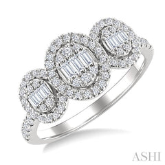 5/8 Ctw Oval Shape Past, Present & Future Fusion Baguette and Round Cut Diamond Engagement Ring in 14K White Gold