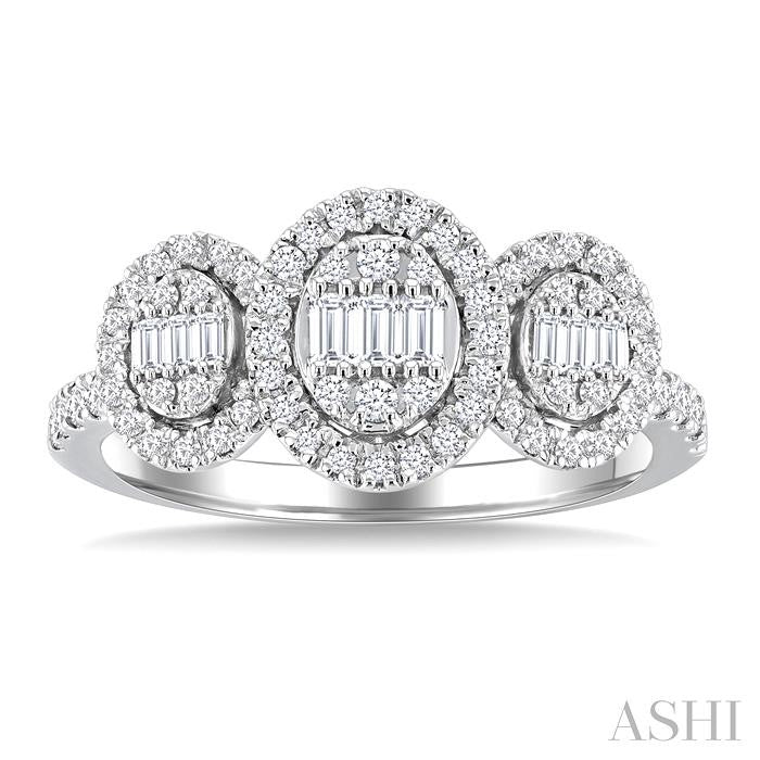 5/8 Ctw Oval Shape Past, Present & Future Fusion Baguette and Round Cut Diamond Engagement Ring in 14K White Gold