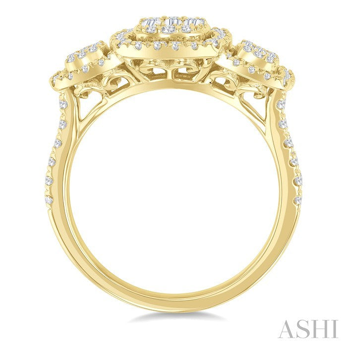 3/4 Ctw Cushion Shape Past, Present & Future Fusion Baguette and Round Cut Diamond Engagement Ring in 14K Yellow Gold
