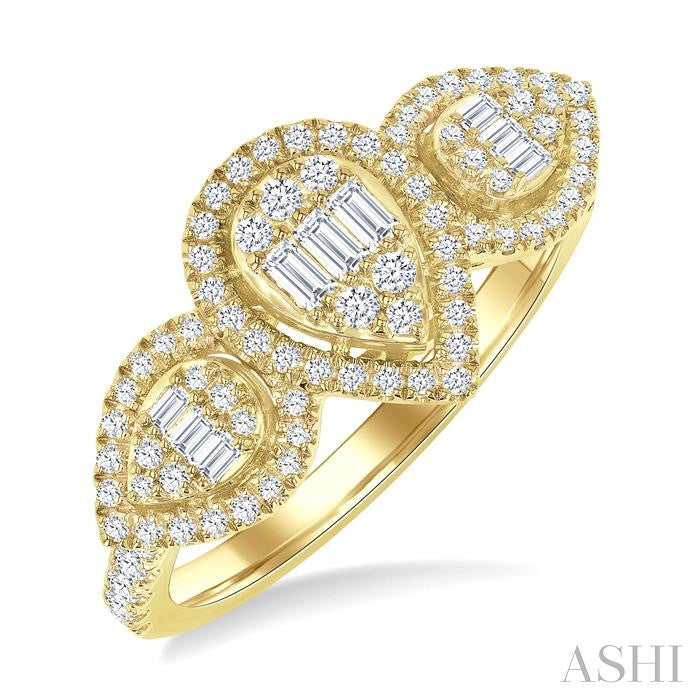 5/8 Ctw Pear Shape Past, Present & Future Fusion Baguette and Round Cut Diamond Halo Engagement Ring in 14K Yellow Gold