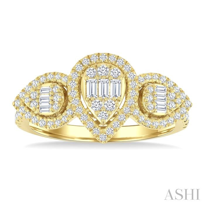 5/8 Ctw Pear Shape Past, Present & Future Fusion Baguette and Round Cut Diamond Halo Engagement Ring in 14K Yellow Gold