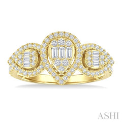 5/8 Ctw Pear Shape Past, Present & Future Fusion Baguette and Round Cut Diamond Halo Engagement Ring in 14K Yellow Gold