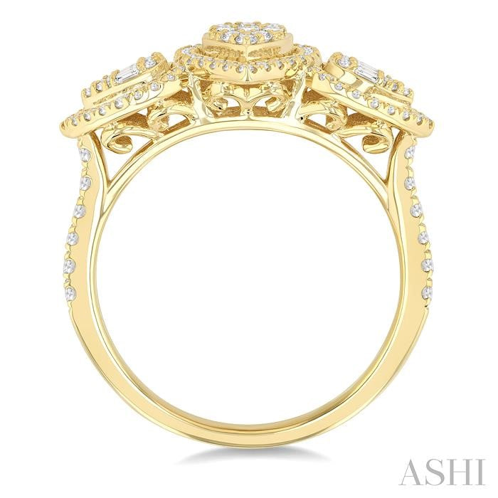 5/8 Ctw Pear Shape Past, Present & Future Fusion Baguette and Round Cut Diamond Halo Engagement Ring in 14K Yellow Gold
