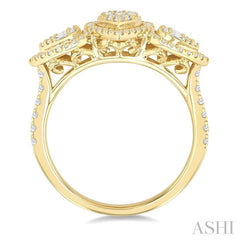5/8 Ctw Pear Shape Past, Present & Future Fusion Baguette and Round Cut Diamond Halo Engagement Ring in 14K Yellow Gold