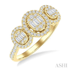 5/8 Ctw Oval Shape Past, Present & Future Fusion Baguette and Round Cut Diamond Engagement Ring in 14K Yellow Gold