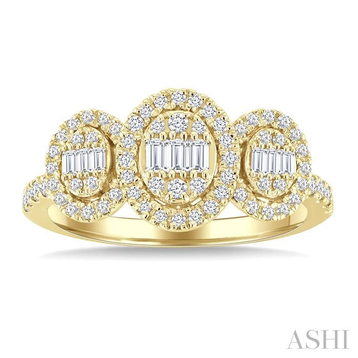 5/8 Ctw Oval Shape Past, Present & Future Fusion Baguette and Round Cut Diamond Engagement Ring in 14K Yellow Gold