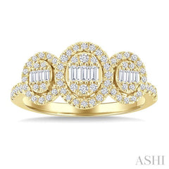 5/8 Ctw Oval Shape Past, Present & Future Fusion Baguette and Round Cut Diamond Engagement Ring in 14K Yellow Gold