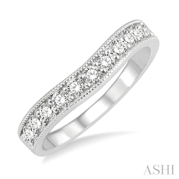 1/2 Ctw Curved Center Milgrain Border Round Cut Diamond Wedding Band in 14K White Gold