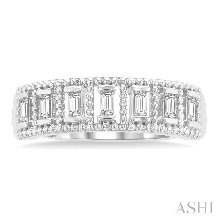 1/5 Ctw Open Frame Ball Bead Border Baguette Cut Diamond Fashion Band in 14K White Gold
