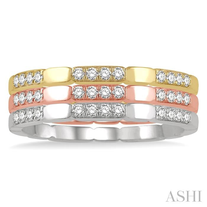 1/3 Ctw Triple Tone Round Cut Diamond Stackable Band Set in 14K White, Yellow and Rose Gold