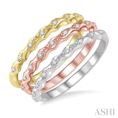 1/5 Ctw Twisted Top Three Tone Round Cut Diamond Stackable Band Set in 14K White, Yellow and Rose Gold