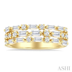 5/8 Ctw Triple Row Baguette and Round Cut Diamond Fashion Band in 14K Yellow Gold
