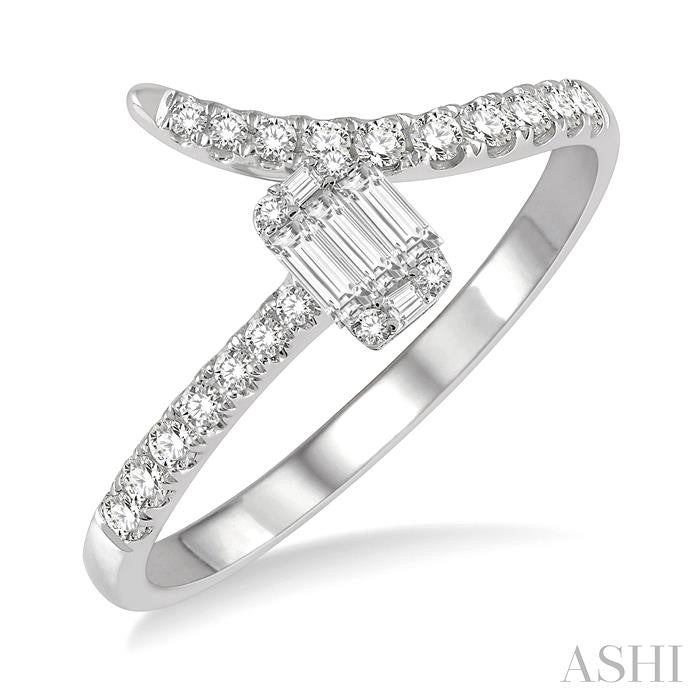 1/3 Ctw Open-End Free Form Rectangular Mount Baguette and Round Cut Diamond Ladies Ring in 14K White Gold