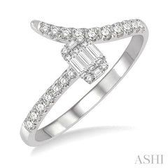 1/3 Ctw Open-End Free Form Rectangular Mount Baguette and Round Cut Diamond Ladies Ring in 14K White Gold