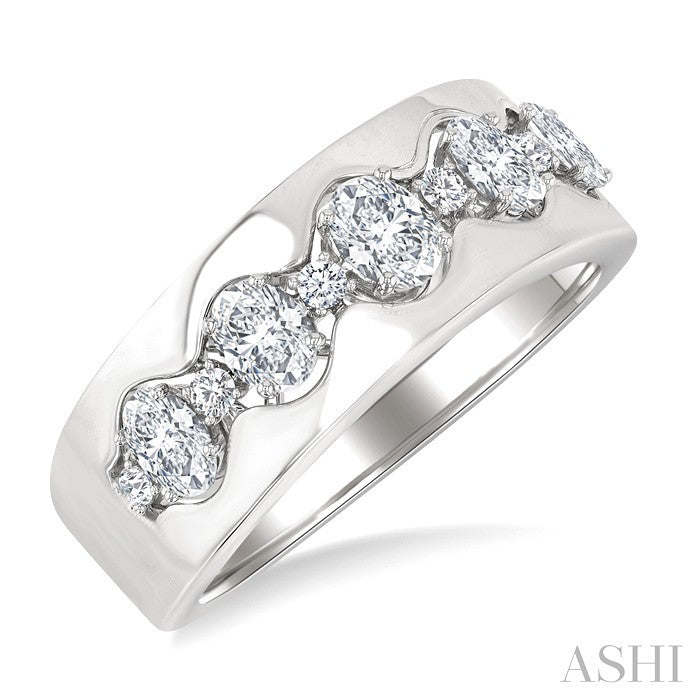 1 Ctw 5-Stone Oval and Round Cut Diamond Wide Fashion Band in 14K White Gold