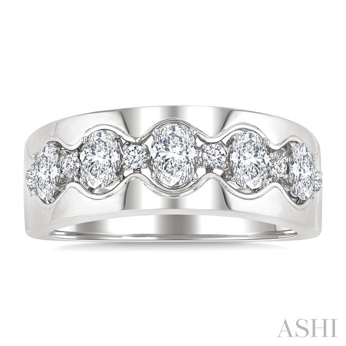 1 Ctw 5-Stone Oval and Round Cut Diamond Wide Fashion Band in 14K White Gold