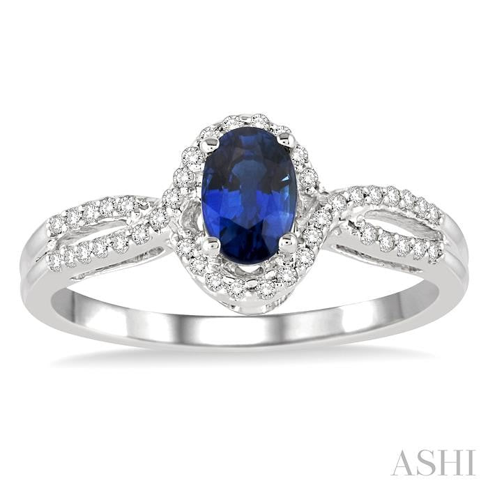 6x4 MM Oval Cut Sapphire and 1/6 Ctw Round Cut Diamond Ring in 14K White Gold