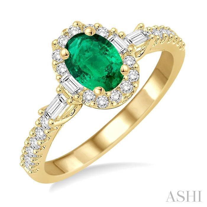 6x4 MM Oval Shape Emerald and 3/8 Ctw Diamond Precious Ring in 14K Yellow Gold