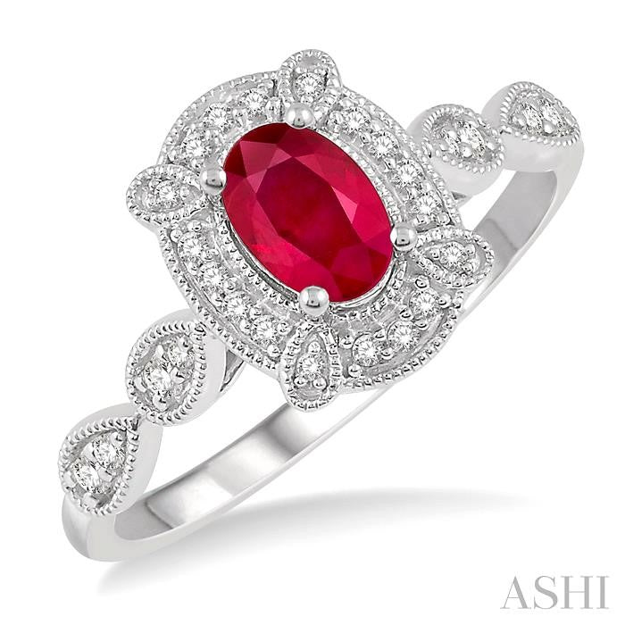 6x4 MM Oval Shape Ruby and 1/6 Ctw Round Cut Diamond Precious Ring in 10K White Gold