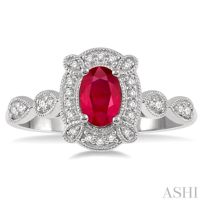 6x4 MM Oval Shape Ruby and 1/6 Ctw Round Cut Diamond Precious Ring in 10K White Gold