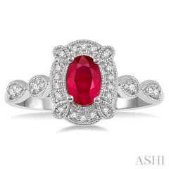 6x4 MM Oval Shape Ruby and 1/6 Ctw Round Cut Diamond Precious Ring in 10K White Gold